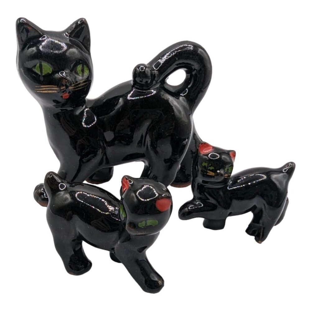 Vintage Ceramic Black Cats Mama with Two Kittens Kitschy Figurines MCM Redware - Picture 6 of 13